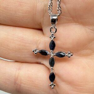 Dark Blue Marquise-Cut Sapphire Gems Cross Pendant Necklace Silver Tone Chain